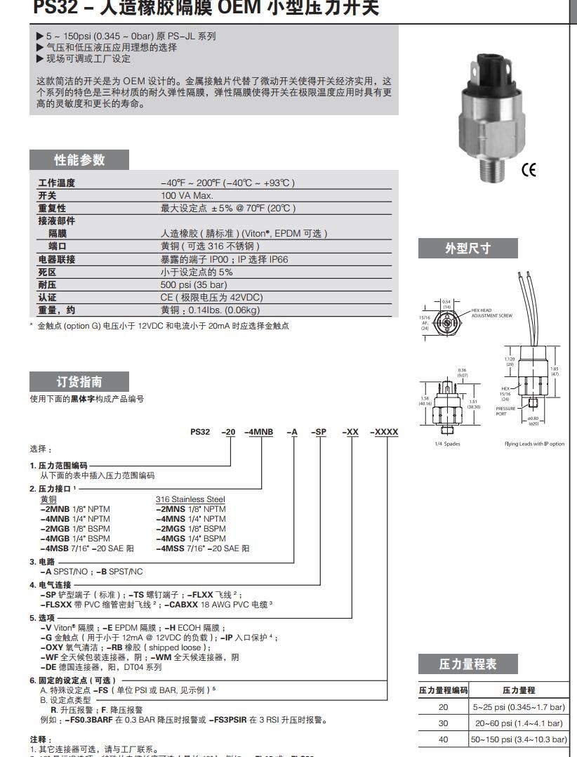 美國(guó)Gems捷邁PS32系列壓力開(kāi)關(guān)